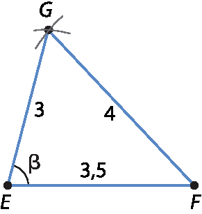 Ilustração. Triângulo EFG com ângulo beta em E. Medidas: EG: 3. EF: 3,5. FG: 4.