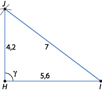 Ilustração. Triângulo HIJ com ângulo gama em H. Medidas: HJ: 4,2. HI: 5,6. IJ: 7.