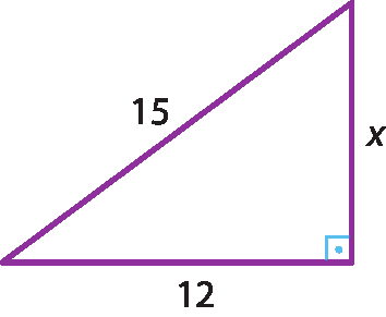 Ilustração. Triângulo roxo com as medidas dos lados: 15, 12 e x. Ângulo reto entre 12 e x.