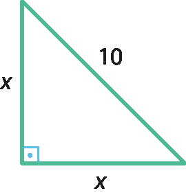 Ilustração. Triângulo verde com as medidas dos lados: 10, x e x. Ângulo reto entre x e x.