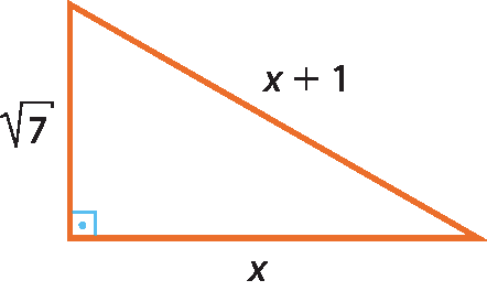 Ilustração. Triângulo laranja com as medidas dos lados: x, raiz quadrada de 7 e x + 1. Ângulo reto entre raiz quadrada de 7 e x.