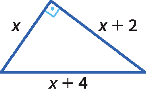 Ilustração. Triângulo azul. Lados medindo x, x mais 2 e x mais 4. Ângulo reto entre x e x mais 2.