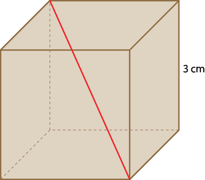 Ilustração. Cubo com lado de 3 centímetros. Dentro, diagonal vermelha.