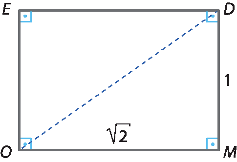 Ilustração. Retângulo EDMO com medida DM: 1 e OM: raiz quadrada de 2. Diagonal tracejada de O até D.