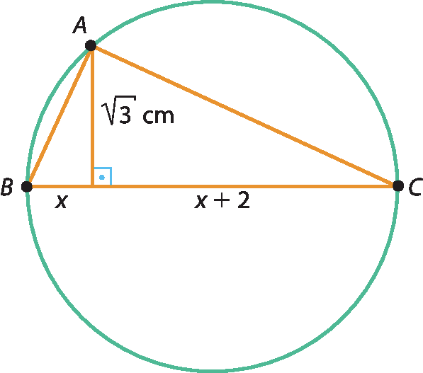 Ilustração. Circunferência com triângulo ABC. Segmento de reta de A até lado BC com medida de raiz quadrada de 3 centímetros. De B até o segmento de reta, medida x e do segmento de reta até C, medida x mais 2.