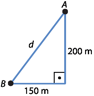 Ilustração. Triângulo retângulo. A medida AB é d. As outras medidas são: 150 metros e 200 metros.