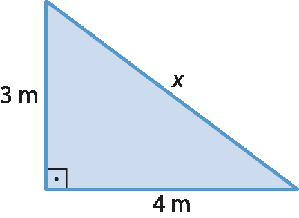 Ilustração. Triângulo azul com as medidas dos lados: x, 3 metros, 4 metros. Ângulo reto entre 3 metros e 4 metros.