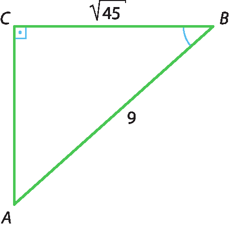 Ilustração. Triângulo ABC, com ângulo reto em C. Medidas dos lados: BC: raiz quadrada de 45. Medida AB: 9.