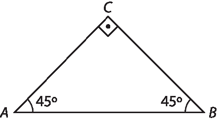 Ilustração. Triângulo ABC com ângulo reto em C, e ângulos A e B medindo 45 graus.
