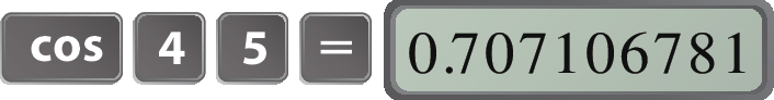 Sequência de teclas de calculadora, indicando como encontrar o cosseno de 45 graus: cos, 4, 5, igual. Aparece no visor: 0.707106781.