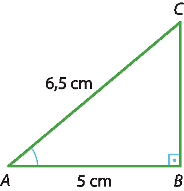 Ilustração. Triângulo ABC. Em B, ângulo reto. Medidas dos lados: AC: 6,5 centímetros; AB: 5 centímetros.