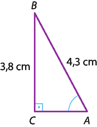 Ilustração. Triângulo ABC. Em C, ângulo reto. Medidas dos lados: AB: 4,3 centímetros; BC: 3,8 centímetros.