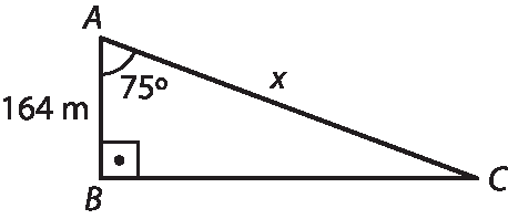 Ilustração. Triângulo ABC com ângulo reto em B e 75 graus em A. Medidas dos lados: AB: 164 metros e AC: x.