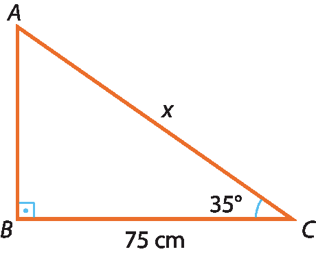 Ilustração. Triângulo ABC, com um ângulo de 90 graus em B. Em C, ângulo 35 graus. Medidas dos lados: AC: x; BC: 75 centímetros.