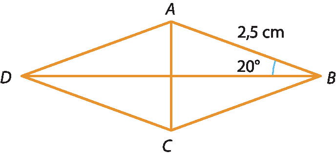 Ilustração. Losango ABCD com as diagonais AC e BD indicadas. Cada lado mede 2,5 centímetro. No vértice B, o ângulo formado entre a diagonal e o lado mede 20 graus.