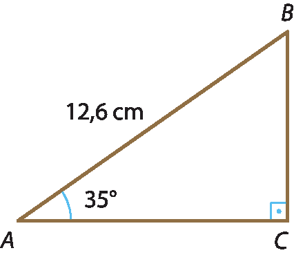 Ilustração. Triângulo ABC com ângulo reto em C. Em A, ângulo medindo 35 graus. Medida de AB: 12,6 centímetros.