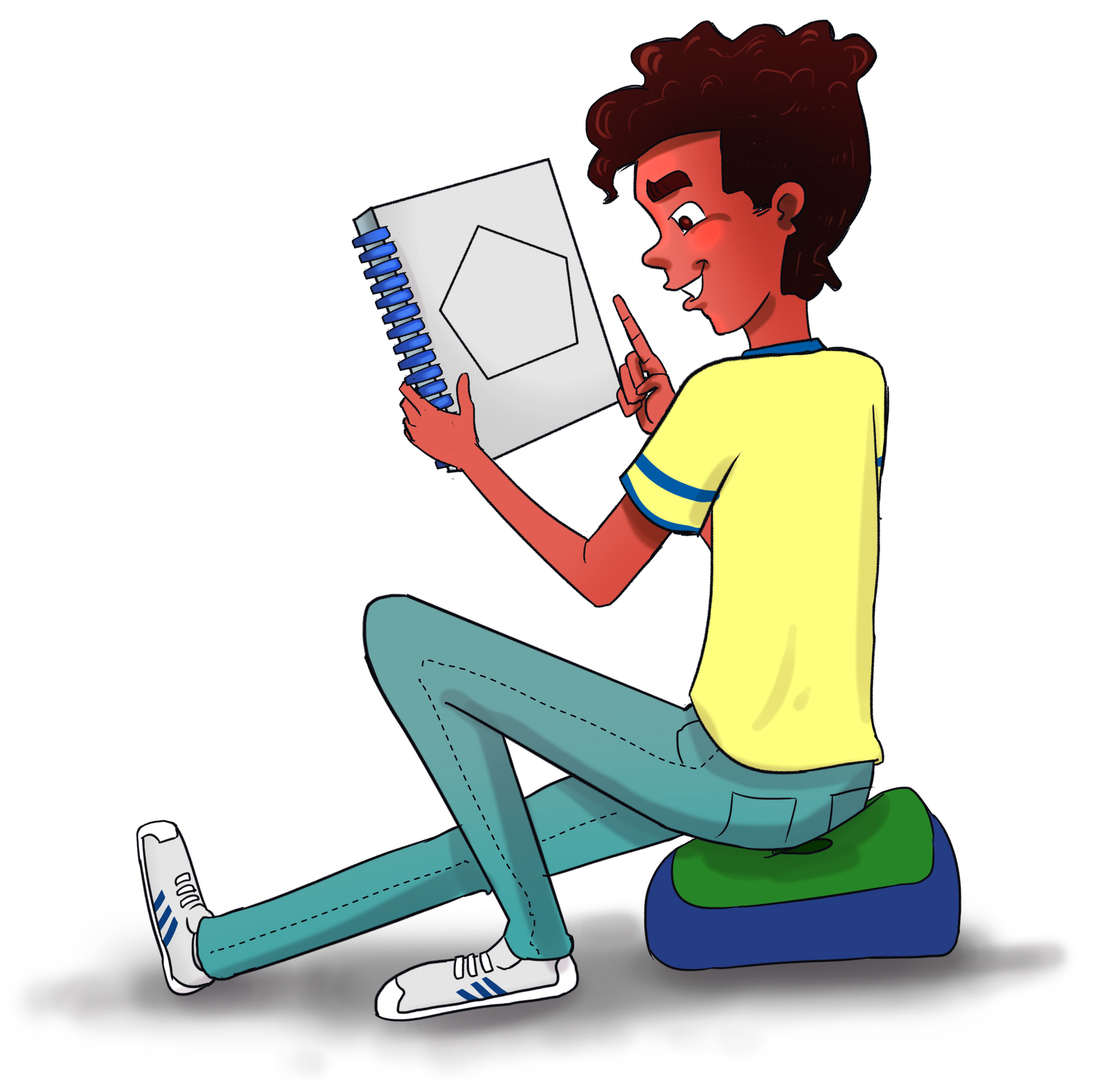 Ilustração. Jovem negro de cabelo curto castanho, camiseta amarela e calça, segura um caderno com o desenho de um pentágono.