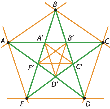 Ilustração. Pentágono ABCDE. Dentro, diagonais se encontram nos pontos A linha, B linha, C linha, D linha e E linha, formando uma estrela de cinco pontas. No pentágono A linha B linha C linha D linha E linha, traçando suas diagonais se forma mais uma estrela de cinco pontas.