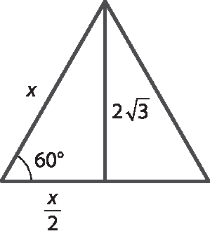 Ilustração. Triângulo equilátero com lado medindo x, indicação da medida de um dos ângulos da base como 60 graus. Uma altura está traçada e sua medida 2 raiz quadrada de 3. A altura incide na metade da base, então x sobre 2 é a medida do segmento que forma o cateto adjacente do ângulo de medida 60 graus.