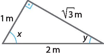 Ilustração. Triângulo retângulo com ângulo x e y. Medidas dos lados: oposto a y: 1 metro; oposto ao reto: 2 metros; oposto ao x: raiz quadrada de 3 metros.