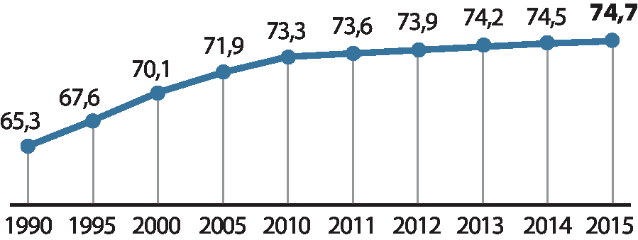 Gráfico de linha. Título: Expectativa de vida ao nascer. Eixo x: estão os anos de 1990 a 2015. Os dados do gráfico são: 1990: 65,3. 1995: 67,6. 2000: 70,1. 2005: 71,9. 2010: 73,3. 2011: 73,6. 2013: 73,9. 2012: 74,2. 2014: 74,5. 2015: 74,7.