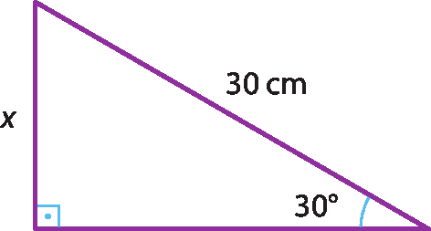 Ilustração. Triângulo retângulo com um ângulo de 30 graus, medidas dos lados: oposto ao ângulo de 30 graus mede x e a hipotenusa mede 30 centímetros.