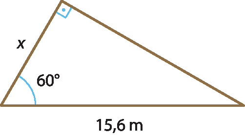 Ilustração. Triângulo retângulo com um ângulo de 60 graus, sendo as medidas: do cateto adjacente x e da hipotenusa 15,6 metros.