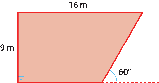 Ilustração. Trapézio com um ângulo reto entre a base e uma das laterais, ângulo externo na outra lateral com a base menor medindo 60 graus. Medidas dos lados: lateral perpendicular: 9 metros e base maior: 16 metros.