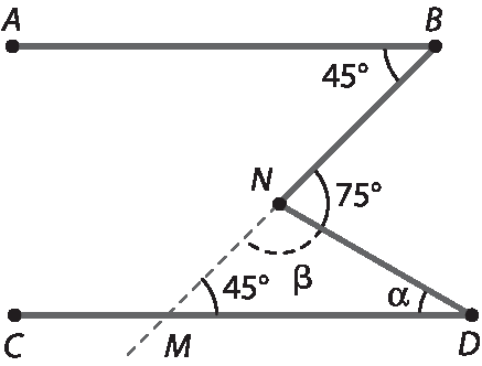 Ilustração. Segmentos AB e CD paralelos. Em B um segmento forma ângulo de 45 graus e em D, outro segmento forma ângulo alfa. Os dois segmentos se encontram em um ponto formando ângulo de 75 graus. Prolongando o segmento partindo de B até CD, encontrou um ponto M de modo que os ângulos internos do triângulo MND são alpha (já conhecido) em D, beta em N e 45 graus em M.