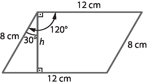 Ilustração. Paralelogramo com um ângulo de 120 graus no canto superior esquerdo. Altura h nesse vértice divide o ângulo mencionado, formando um menor de medida 30 graus. Medidas dos lados: 8 centímetros e 12 centímetros.