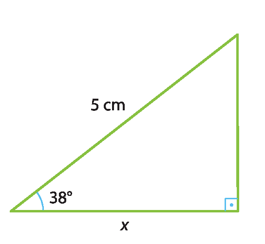 Ilustração. Triângulo retângulo com um ângulo de 38 graus, sendo as medidas dos lados: cateto adjacente x, hipotenusa 5 centímetros.