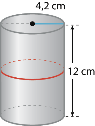 Ilustração. Cilindro com circunferência no centro. A medida do raio é 4,2 centímetros e a altura é 12 centímetros.
