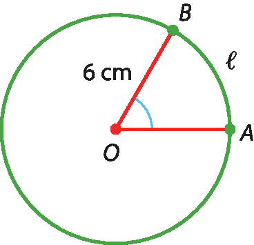 Ilustração. Circunferência com centro O. De O para a extremidade, retas A e B com medida 6 centímetros de O até B e medida l do arco AB.