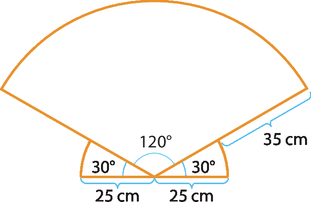 Esquema.  Setor circular com ângulo de 120 graus. Abaixo, à esquerda e direita, estrutura pequena em forma de setor circular com ângulo de 30 graus cada e medida do lado igual a 25 centímetros. A medida do lado do setor até a pequena estrutura é 35 centímetros.