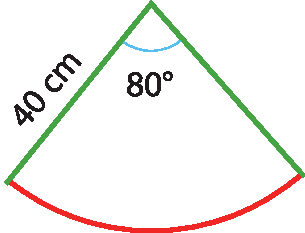 Ilustração.  Duas retas formando arco de 80 graus. Medida da reta: 40 centímetros.
