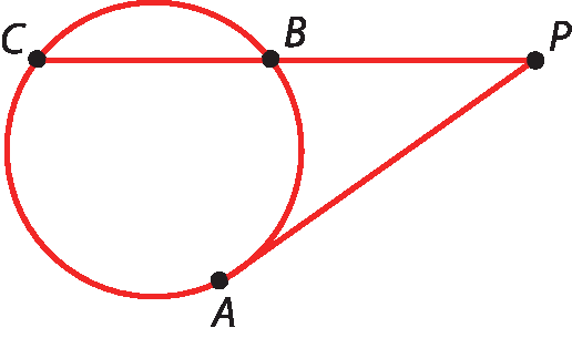 Ilustração. Circunferência com dois segmentos sendo um secante e o outro tangente a ela; esses segmento se encontram em um ponto exterior à circunferência. O segmento secante está dividido em duas partes, do ponto exterior a até o primeiro ponto de encontro com a circunferência e desse ponto até o segundo ponto de encontro com a circunferência.