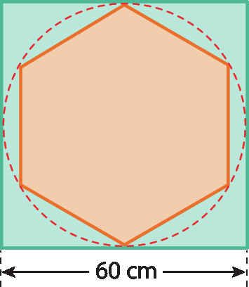Ilustração. Quadrado circunscrito a uma circunferência e hexágono inscrito nessa mesma circunferência. O lado do quadrado mede 60 centímetros.