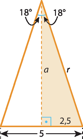 Ilustração. Triângulo isósceles de base com medida 5. Há um segmento tracejado e perpendicular a base que divide o ângulo oposto à base em dois ângulos de 18 graus cada. Esse segmento tem medida a, e é altura de um triângulo retângulo de base com medida 2,5 e hipotenusa de medida r.