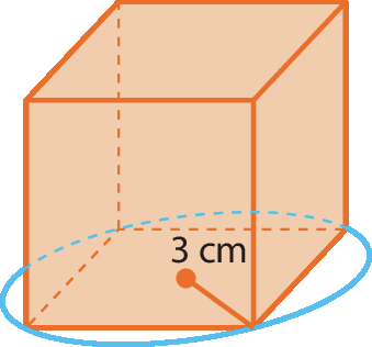 Ilustração. Cubo laranja cuja face inferior está inscrita em uma circunferência de raio medindo 3 centímetros.