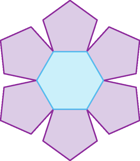 Ilustração. Hexágono regular azul em cada lado do hexágono há um pentágono regular lilás.