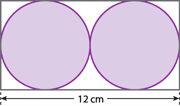 Ilustração. Retângulo com lado maior medindo 12 centímetros. Dentro, dois círculos de idênticos que tangenciam e tangenciam o retângulo.