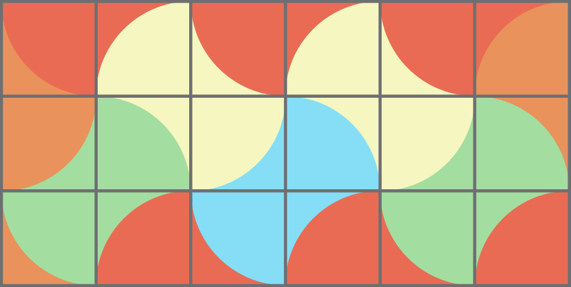 Ilustração. Retângulo dividido em 3 fileiras e 6 colunas pintadas. As duas partes verdes correspondem a quatro quadradinhos pela metade cada. Duas partes amarelas correspondem a quatro quadradinhos pela metade cada. Uma parte azul corresponde a quatro quadradinhos pela metade.