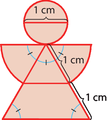 Ilustração. Figura composta por círculo com diâmetro medindo 1 centímetro. Abaixo, centralizado e tangenciando o círculo por um vértice, um triângulo equilátero com lado medindo 1 centímetro. De cada lado do triângulo um setor circular cujo um dos raios é um lado do triângulo e o ângulo central é congruente ao ângulo interno do triângulo.  Abaixo do triângulo, um trapézio isósceles de modo que a base do triângulo equilátero é a base menor do trapézio, os lados não paralelos do trapézio mede 1 centímetro.
