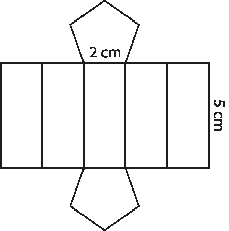 Ilustração. Planificação de um prisma de base pentagonal regular. O lado do pentágono mede 2 centímetros, e o lado maior do retângulo da face lateral mede 5 centímetros.