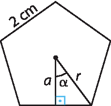 Ilustração. Pentágono regular com lado de medida 2 centímetros. Ponto no centro do pentágono, a partir dele um triângulo retângulo, em que um dos catetos é o apótema, o outro cateto corresponde à metade do lado do pentágono e a hipotenusa mede r. O ângulo central mede alfa.