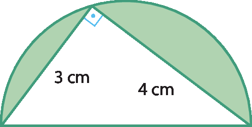 Ilustração. Triângulo retângulo branco inscrito em um semicírculo verde. Os catetos medem 3 centímetros e 4 centímetros, a hipotenusa é o diâmetro do semicírculo.