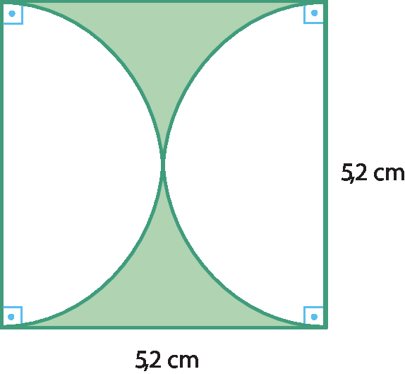 Ilustração. Quadrado verde com  semicircunferência branca , cujo diâmetro é um lado vertical do quadrado e outra semicircunferência branca cujo diâmetro é outro lado vertical do quadrado. A medida do lado do quadrado é 5,2 centímetros.