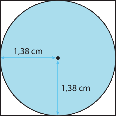 Ilustração. Círculo azul cujo raio mede 1,38 centímetro inscrito em quadrado.