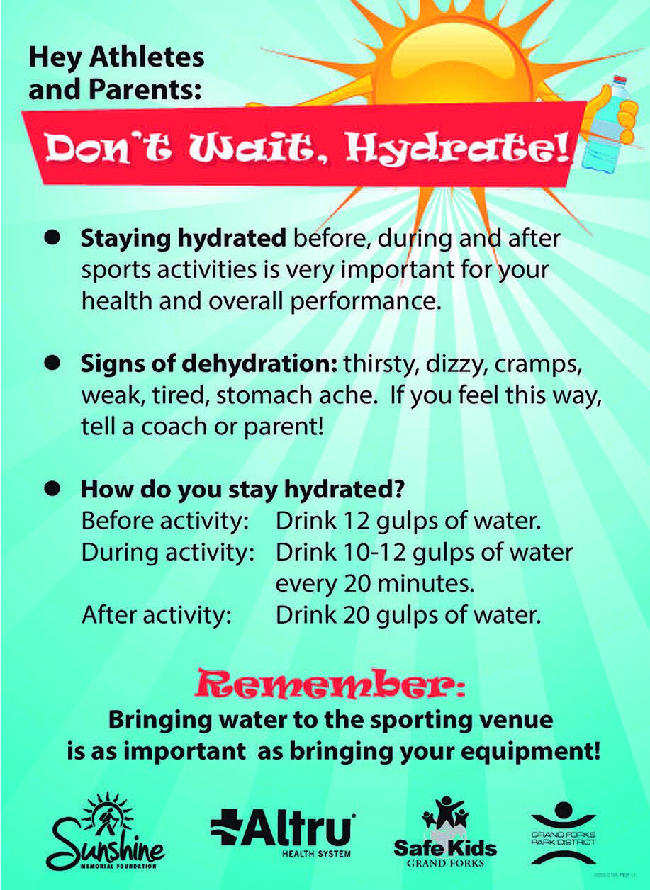 Pôster. No centro, lê-se: HEY ATHLETES AND PARENTS: DON'T WAIT, HYDRATE! Ao fundo, há uma ilustração de um sol segurando uma garrafa de água.