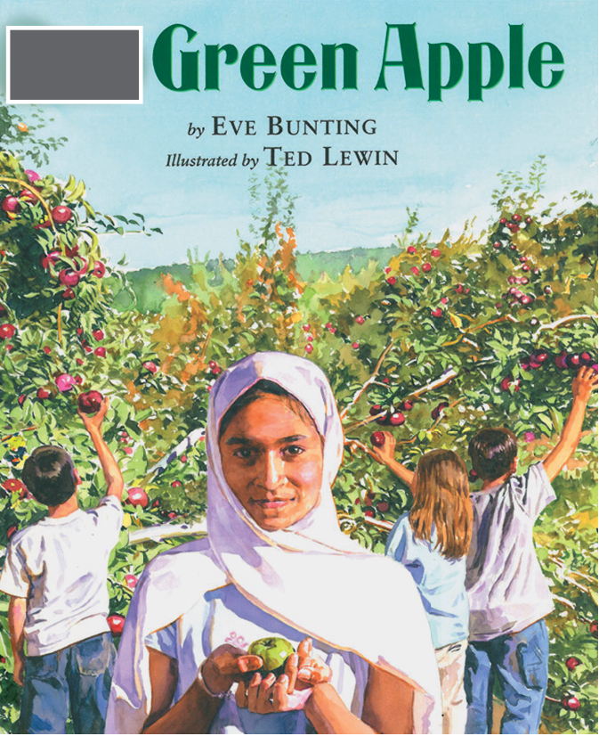 Capa de livro. Na parte superior, lê-se o título: espaço para resposta GREEN APPLE. Abaixo, lê-se o nome da autora, EVE BUNTING, e do ilustrador, TED LEWIN. Abaixo, há uma ilustração de uma mulher usando roupa branca e um lenço branco sobre a cabeça segurando uma maçã verde com as duas mãos. Ao fundo há três crianças com as mãos esticadas na direção de árvores com maçãs vermelhas.